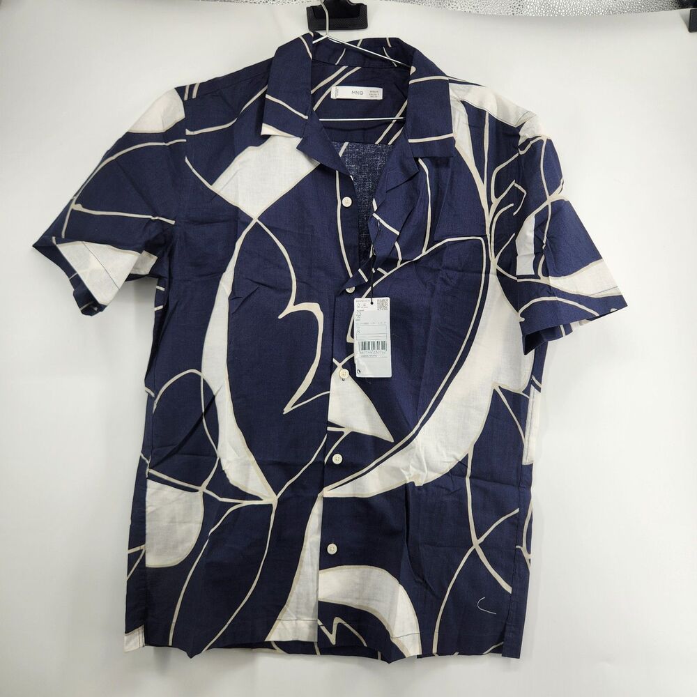 Mango Men's‎ Small Blue Regular Fit 100% Cotton Printed Shirt NWT $70